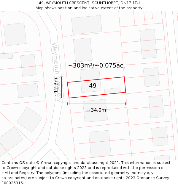 49, WEYMOUTH CRESCENT, SCUNTHORPE, DN17 1TU: Plot and title map