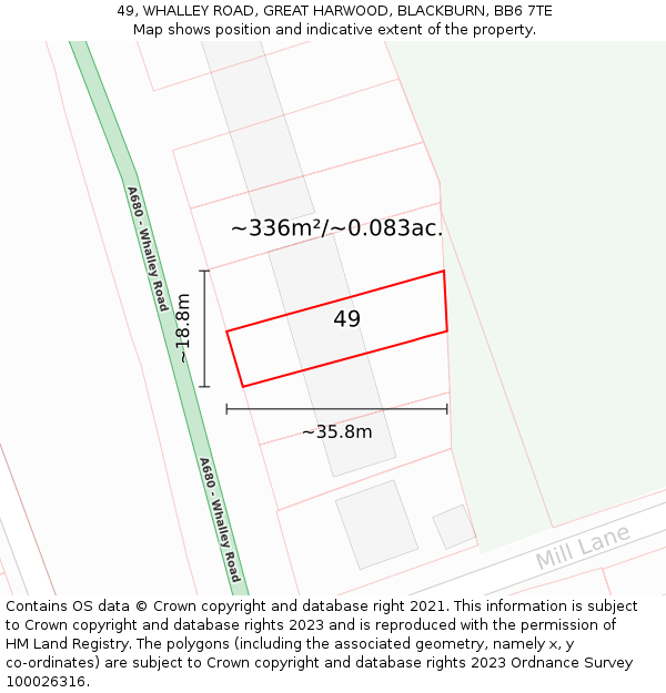 49, WHALLEY ROAD, GREAT HARWOOD, BLACKBURN, BB6 7TE: Plot and title map