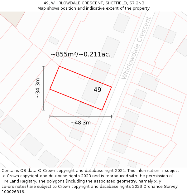 49, WHIRLOWDALE CRESCENT, SHEFFIELD, S7 2NB: Plot and title map