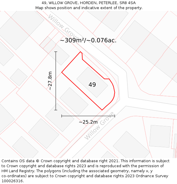 49, WILLOW GROVE, HORDEN, PETERLEE, SR8 4SA: Plot and title map