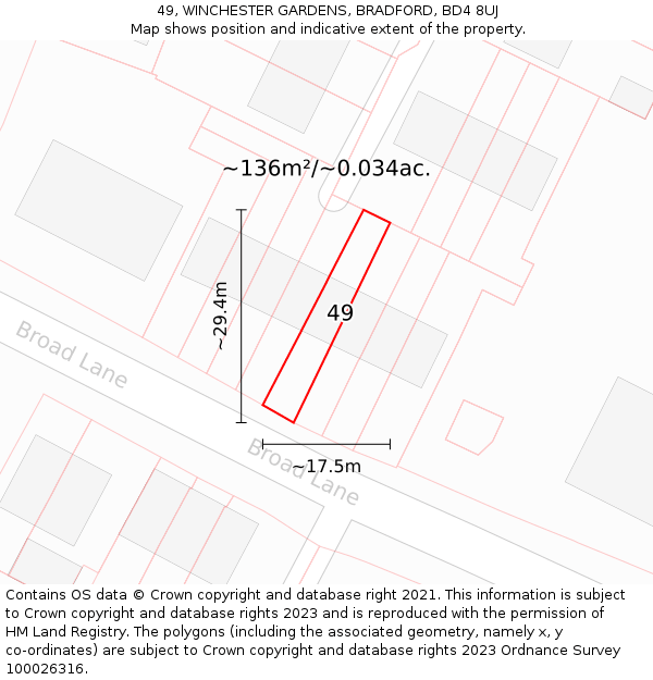 49, WINCHESTER GARDENS, BRADFORD, BD4 8UJ: Plot and title map