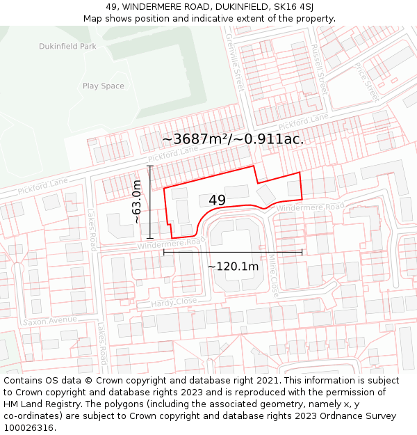 49, WINDERMERE ROAD, DUKINFIELD, SK16 4SJ: Plot and title map