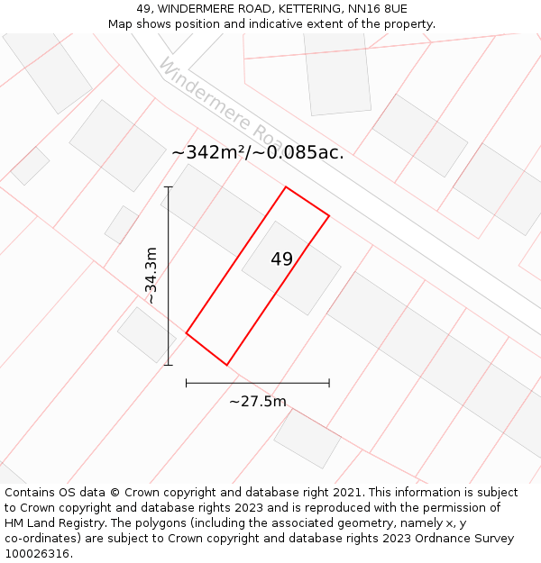 49, WINDERMERE ROAD, KETTERING, NN16 8UE: Plot and title map