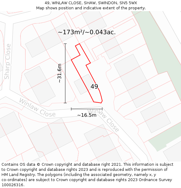 49, WINLAW CLOSE, SHAW, SWINDON, SN5 5WX: Plot and title map