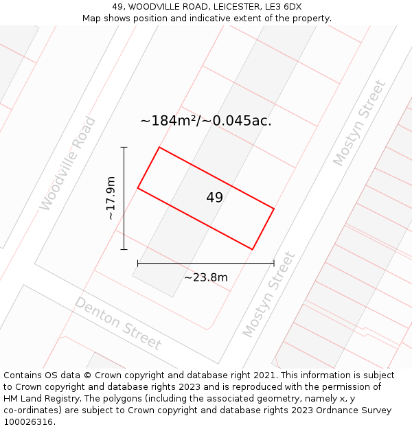 49, WOODVILLE ROAD, LEICESTER, LE3 6DX: Plot and title map