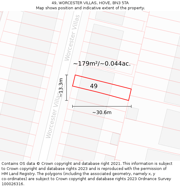 49, WORCESTER VILLAS, HOVE, BN3 5TA: Plot and title map