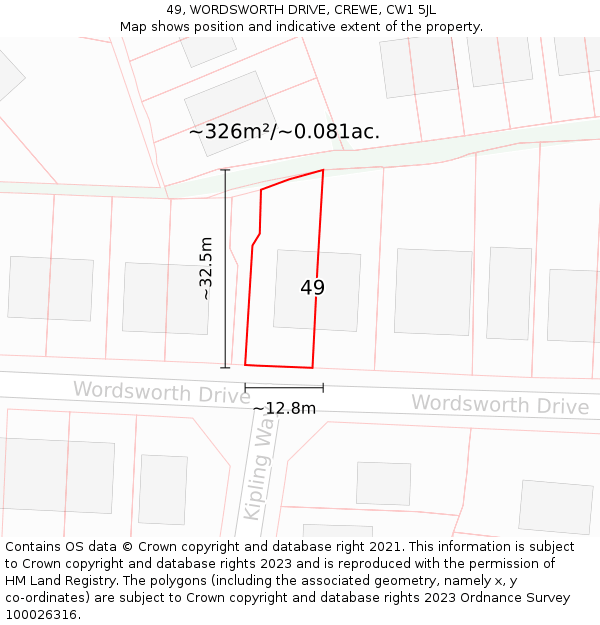 49, WORDSWORTH DRIVE, CREWE, CW1 5JL: Plot and title map