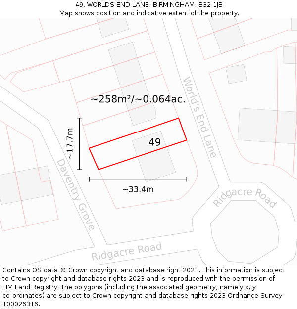 49, WORLDS END LANE, BIRMINGHAM, B32 1JB: Plot and title map