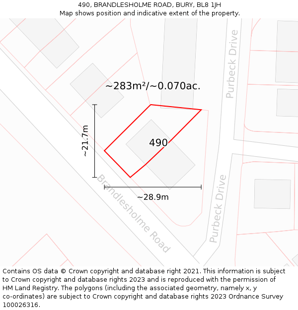 490, BRANDLESHOLME ROAD, BURY, BL8 1JH: Plot and title map
