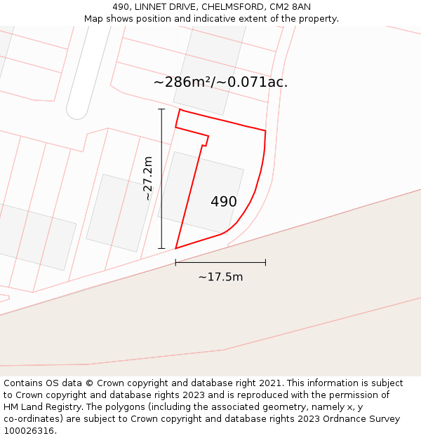 490, LINNET DRIVE, CHELMSFORD, CM2 8AN: Plot and title map