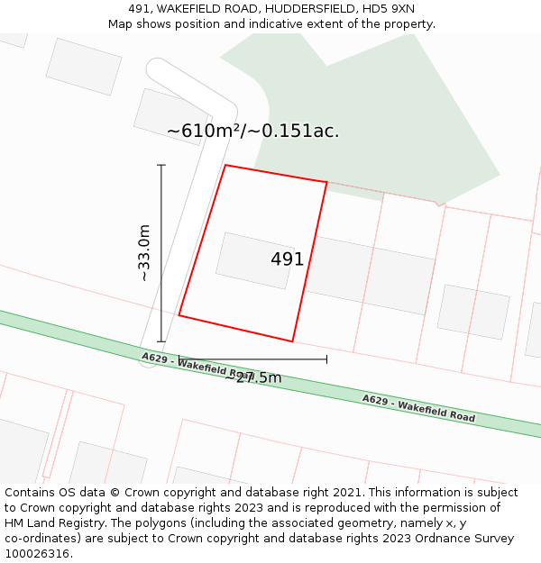 491, WAKEFIELD ROAD, HUDDERSFIELD, HD5 9XN: Plot and title map