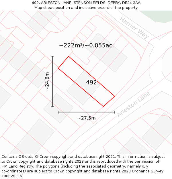 492, ARLESTON LANE, STENSON FIELDS, DERBY, DE24 3AA: Plot and title map