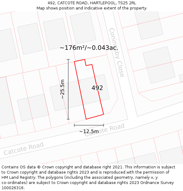 492, CATCOTE ROAD, HARTLEPOOL, TS25 2RL: Plot and title map