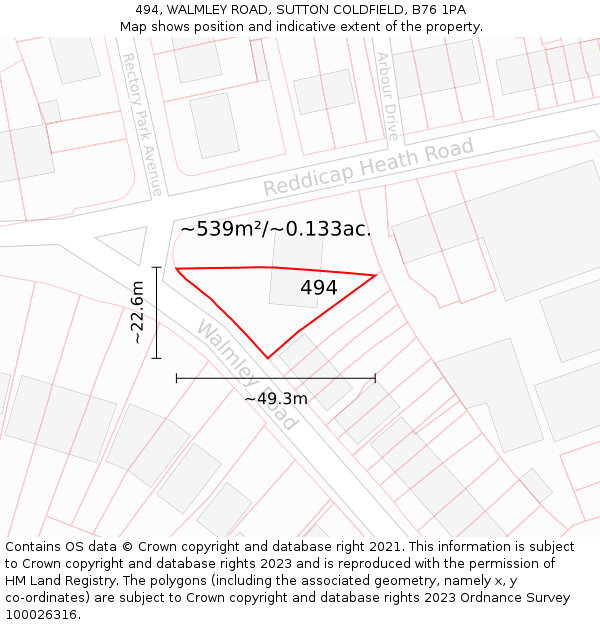 494, WALMLEY ROAD, SUTTON COLDFIELD, B76 1PA: Plot and title map