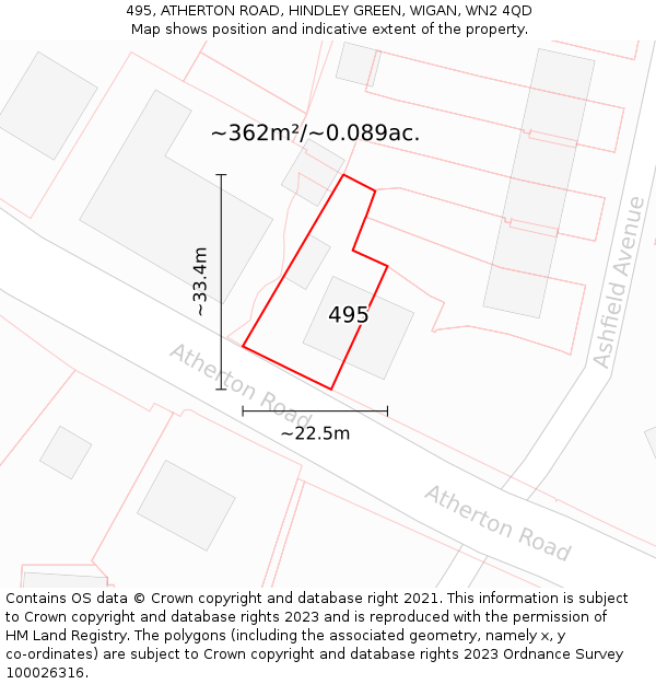 495, ATHERTON ROAD, HINDLEY GREEN, WIGAN, WN2 4QD: Plot and title map