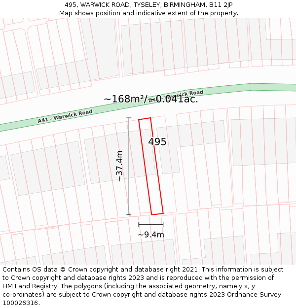 495, WARWICK ROAD, TYSELEY, BIRMINGHAM, B11 2JP: Plot and title map