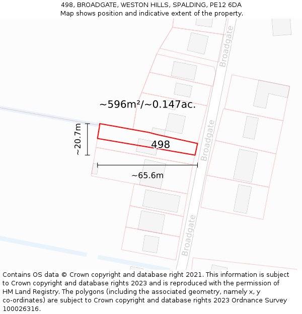 498, BROADGATE, WESTON HILLS, SPALDING, PE12 6DA: Plot and title map