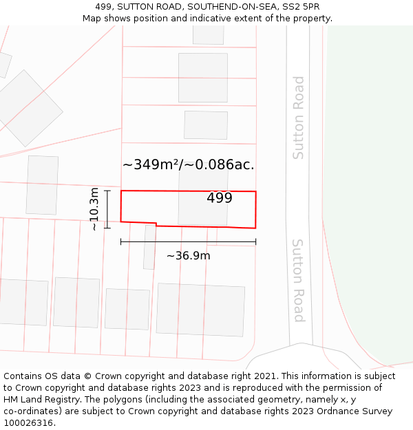 499, SUTTON ROAD, SOUTHEND-ON-SEA, SS2 5PR: Plot and title map