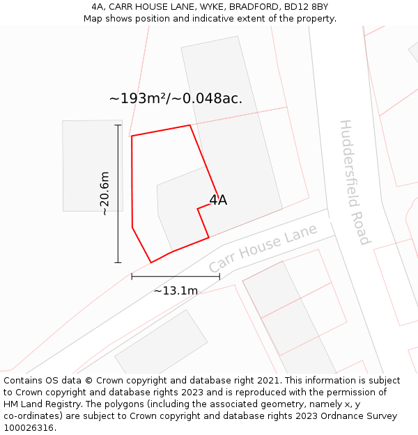 4A, CARR HOUSE LANE, WYKE, BRADFORD, BD12 8BY: Plot and title map