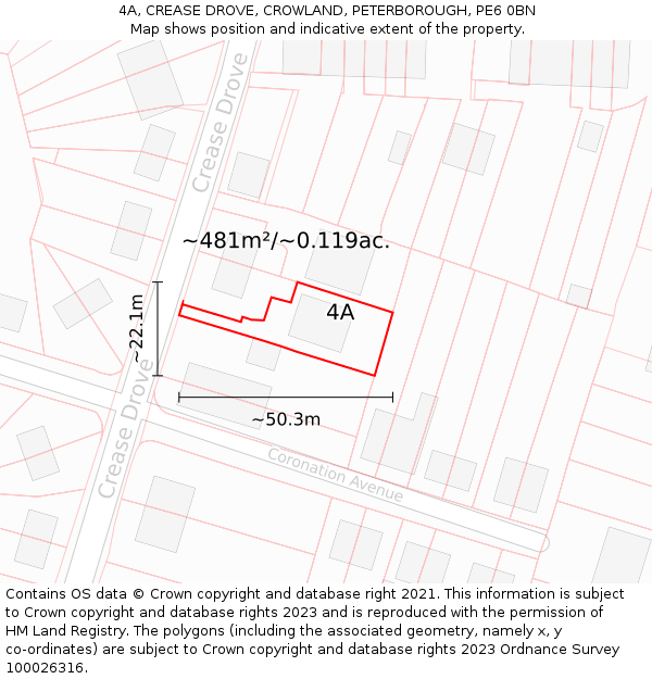 4A, CREASE DROVE, CROWLAND, PETERBOROUGH, PE6 0BN: Plot and title map