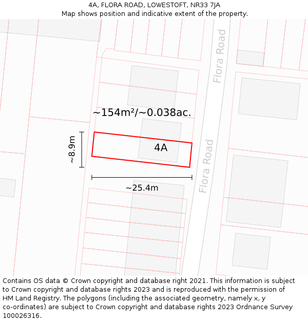 4A, FLORA ROAD, LOWESTOFT, NR33 7JA: Plot and title map