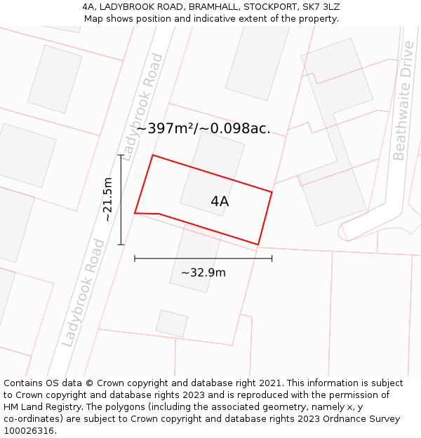 4A, LADYBROOK ROAD, BRAMHALL, STOCKPORT, SK7 3LZ: Plot and title map