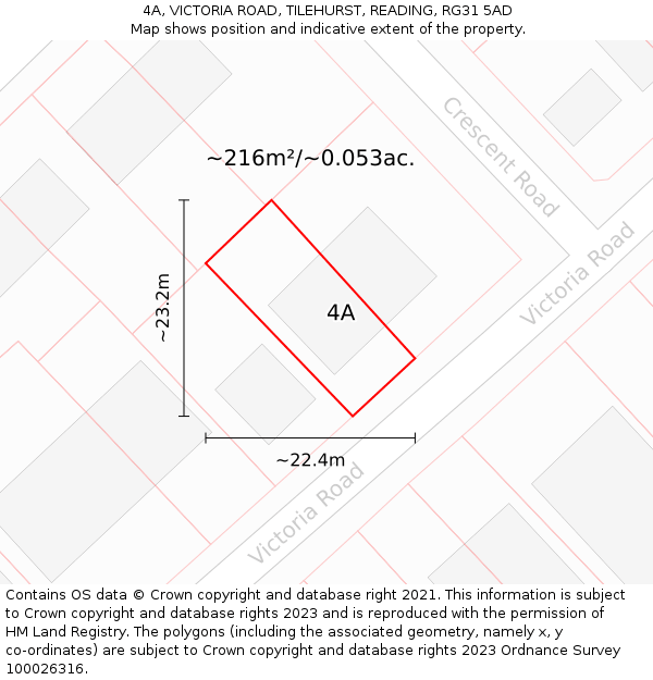 4A, VICTORIA ROAD, TILEHURST, READING, RG31 5AD: Plot and title map