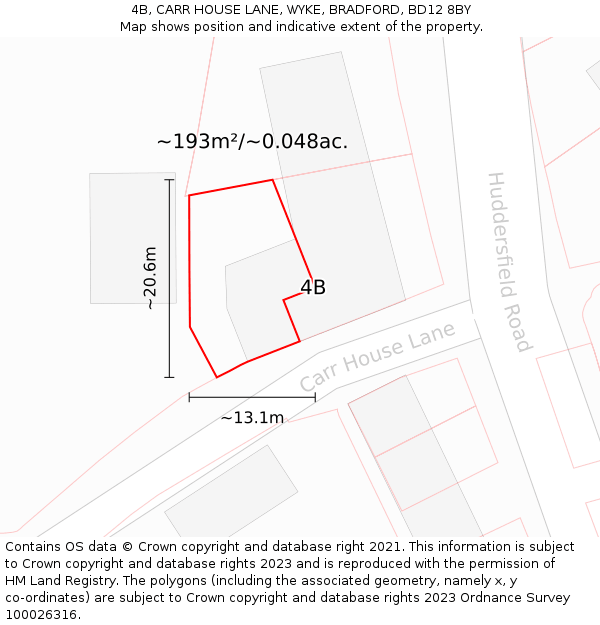 4B, CARR HOUSE LANE, WYKE, BRADFORD, BD12 8BY: Plot and title map