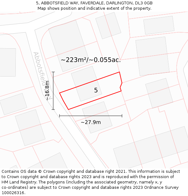 5, ABBOTSFIELD WAY, FAVERDALE, DARLINGTON, DL3 0GB: Plot and title map