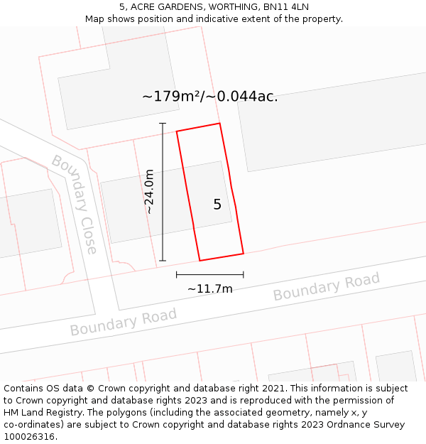 5, ACRE GARDENS, WORTHING, BN11 4LN: Plot and title map