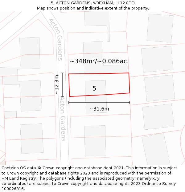 5, ACTON GARDENS, WREXHAM, LL12 8DD: Plot and title map