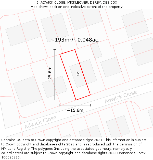 5, ADWICK CLOSE, MICKLEOVER, DERBY, DE3 0QX: Plot and title map