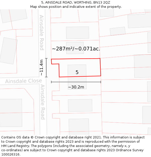 5, AINSDALE ROAD, WORTHING, BN13 2QZ: Plot and title map