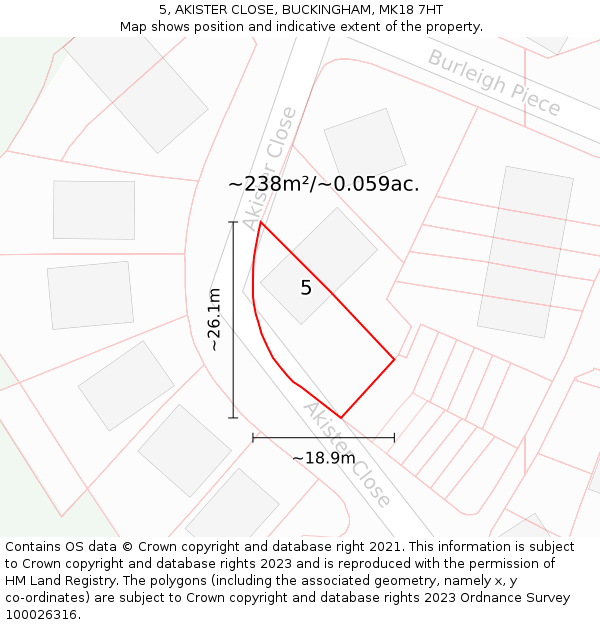 5, AKISTER CLOSE, BUCKINGHAM, MK18 7HT: Plot and title map