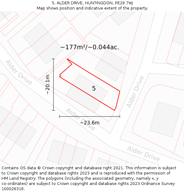 5, ALDER DRIVE, HUNTINGDON, PE29 7WJ: Plot and title map