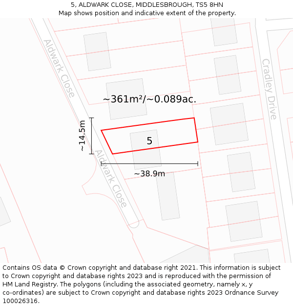5, ALDWARK CLOSE, MIDDLESBROUGH, TS5 8HN: Plot and title map