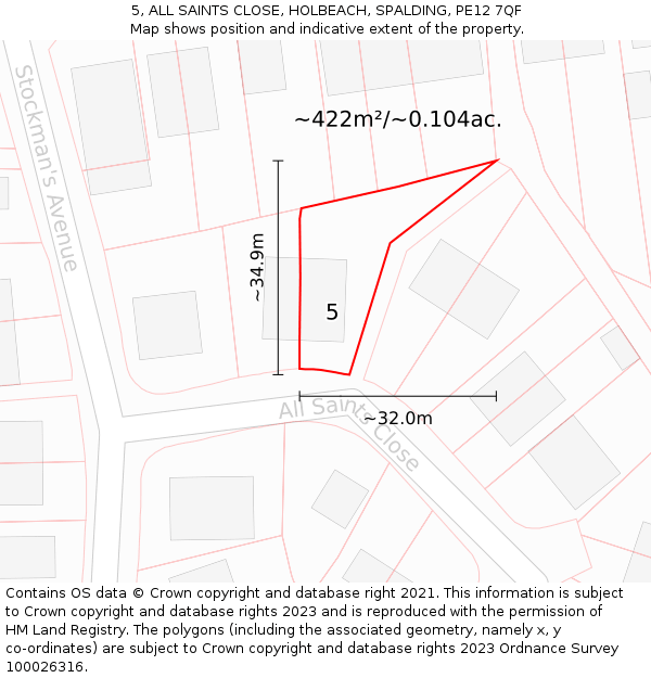 5, ALL SAINTS CLOSE, HOLBEACH, SPALDING, PE12 7QF: Plot and title map