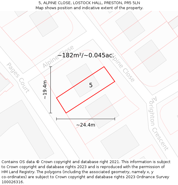 5, ALPINE CLOSE, LOSTOCK HALL, PRESTON, PR5 5LN: Plot and title map