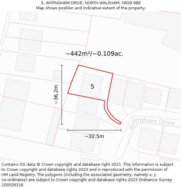 5, ANTINGHAM DRIVE, NORTH WALSHAM, NR28 9BE: Plot and title map