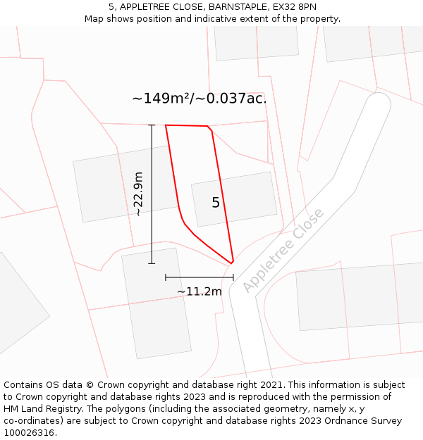5, APPLETREE CLOSE, BARNSTAPLE, EX32 8PN: Plot and title map