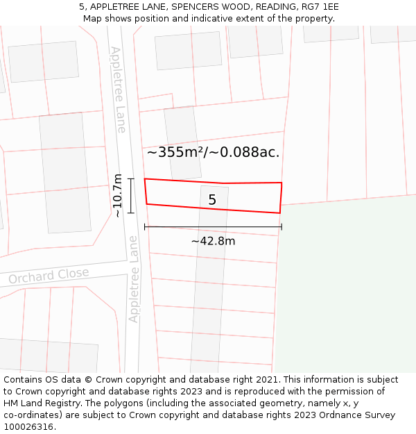 5, APPLETREE LANE, SPENCERS WOOD, READING, RG7 1EE: Plot and title map