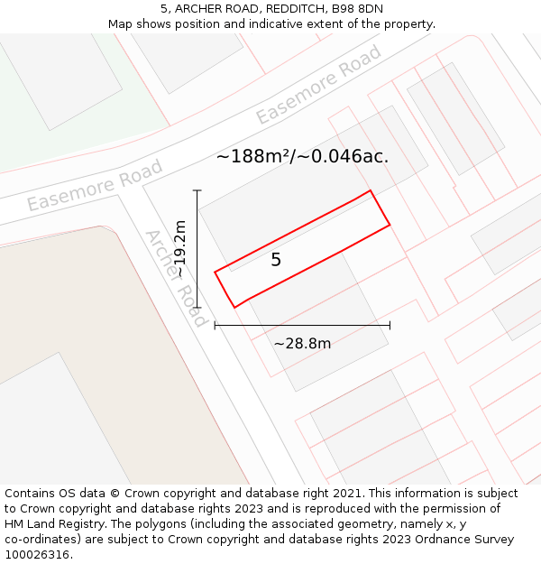 5, ARCHER ROAD, REDDITCH, B98 8DN: Plot and title map