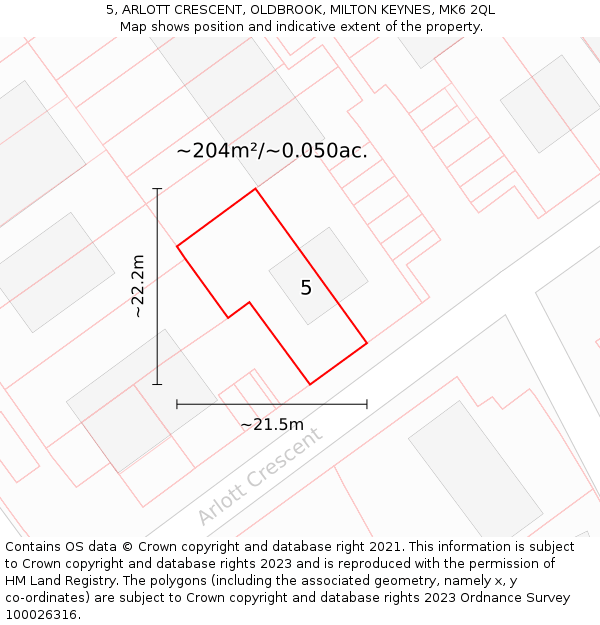 5, ARLOTT CRESCENT, OLDBROOK, MILTON KEYNES, MK6 2QL: Plot and title map