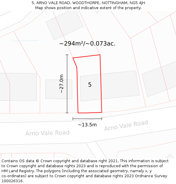 5, ARNO VALE ROAD, WOODTHORPE, NOTTINGHAM, NG5 4JH: Plot and title map