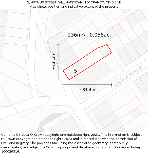 5, ARTHUR STREET, WILLIAMSTOWN, TONYPANDY, CF40 1ND: Plot and title map