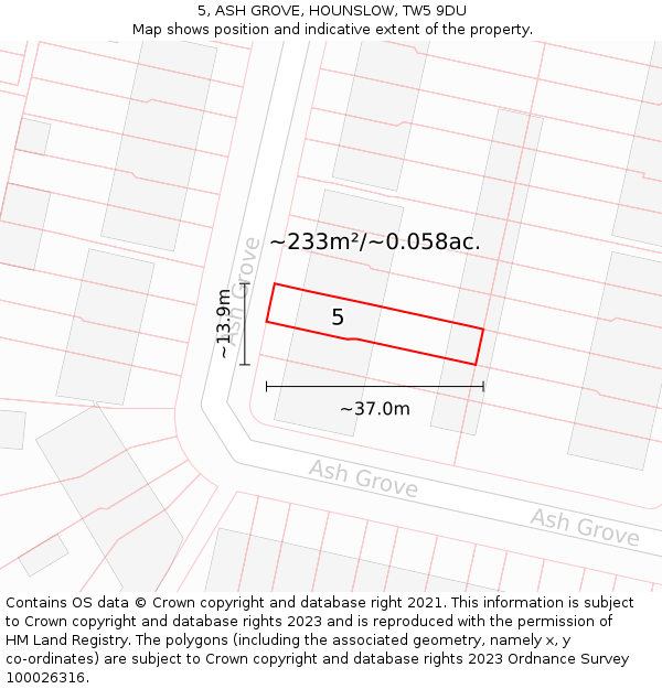 5, ASH GROVE, HOUNSLOW, TW5 9DU: Plot and title map
