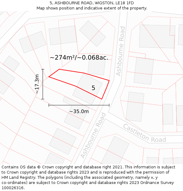 5, ASHBOURNE ROAD, WIGSTON, LE18 1FD: Plot and title map