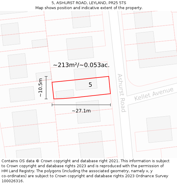 5, ASHURST ROAD, LEYLAND, PR25 5TS: Plot and title map