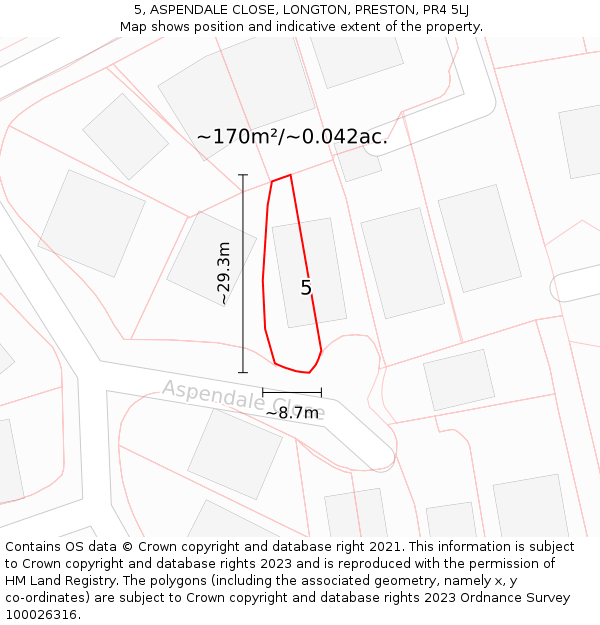 5, ASPENDALE CLOSE, LONGTON, PRESTON, PR4 5LJ: Plot and title map