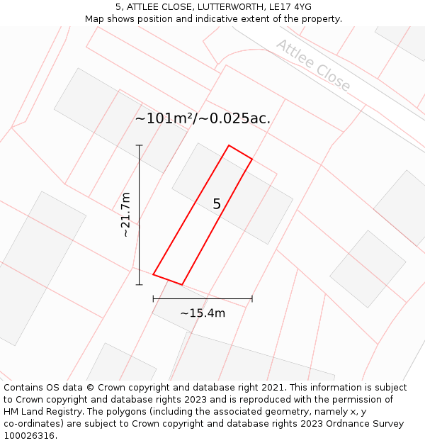 5, ATTLEE CLOSE, LUTTERWORTH, LE17 4YG: Plot and title map